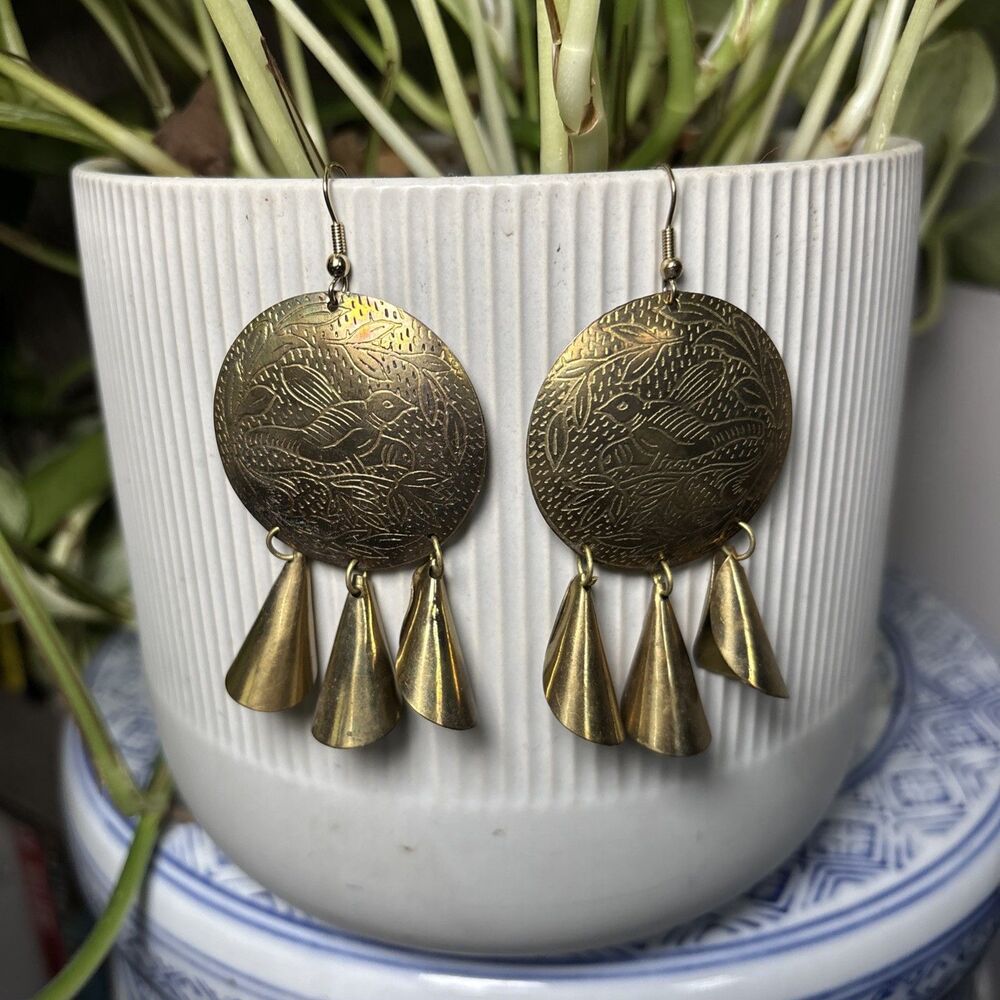 Vintage Brass Bird Wind Chime Dangle Earrings Statement Fashion Jewelry